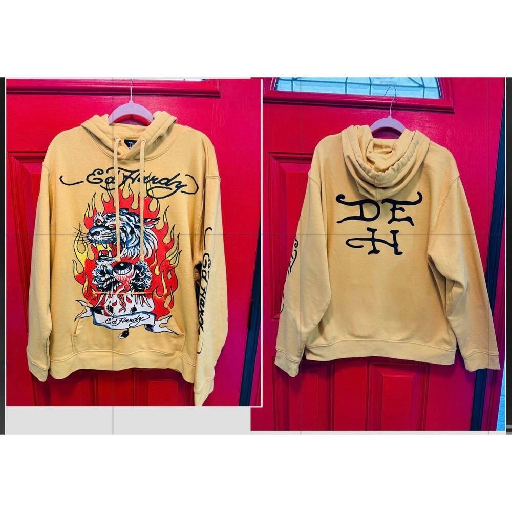 Mens XL Ed Hardy Gold Yellow Tattoo Flaming Tiger Pullover Hoodie Sweatshirt New
